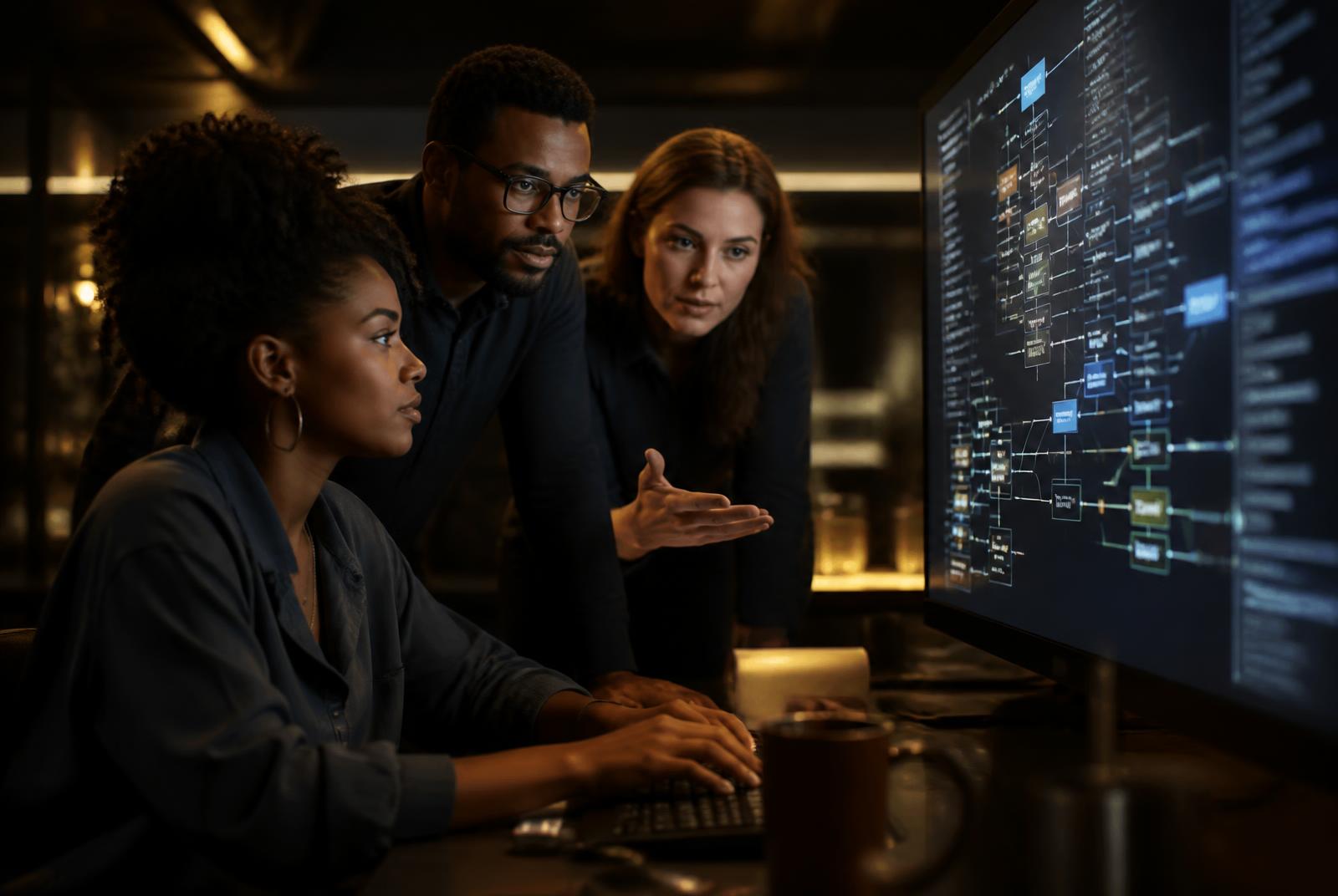 A small team reviewing an automation pipeline visualization on a large display