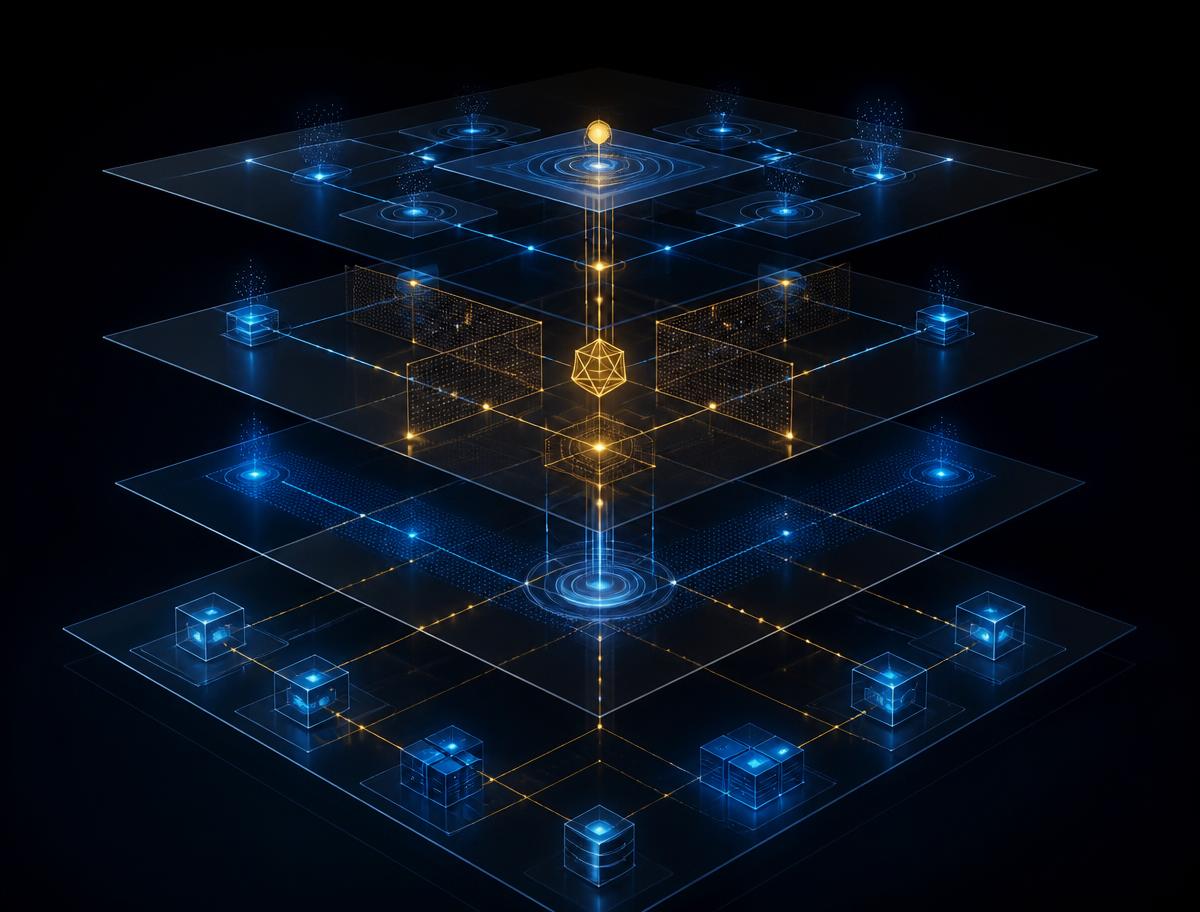 Layered zero-trust architecture diagram with cobalt signal paths and gold structure