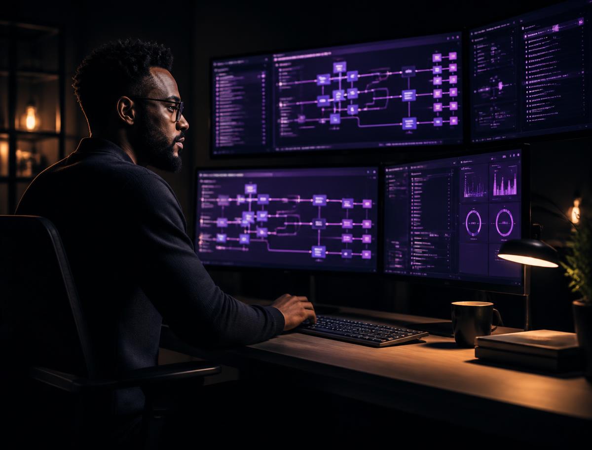 Engineer reviewing an automation pipeline graph across multiple monitors