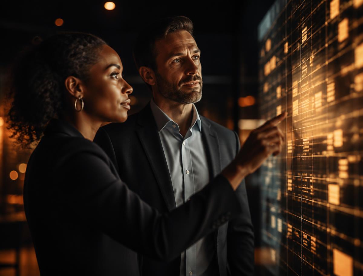Two executives reviewing an illuminated audit control matrix on glass
