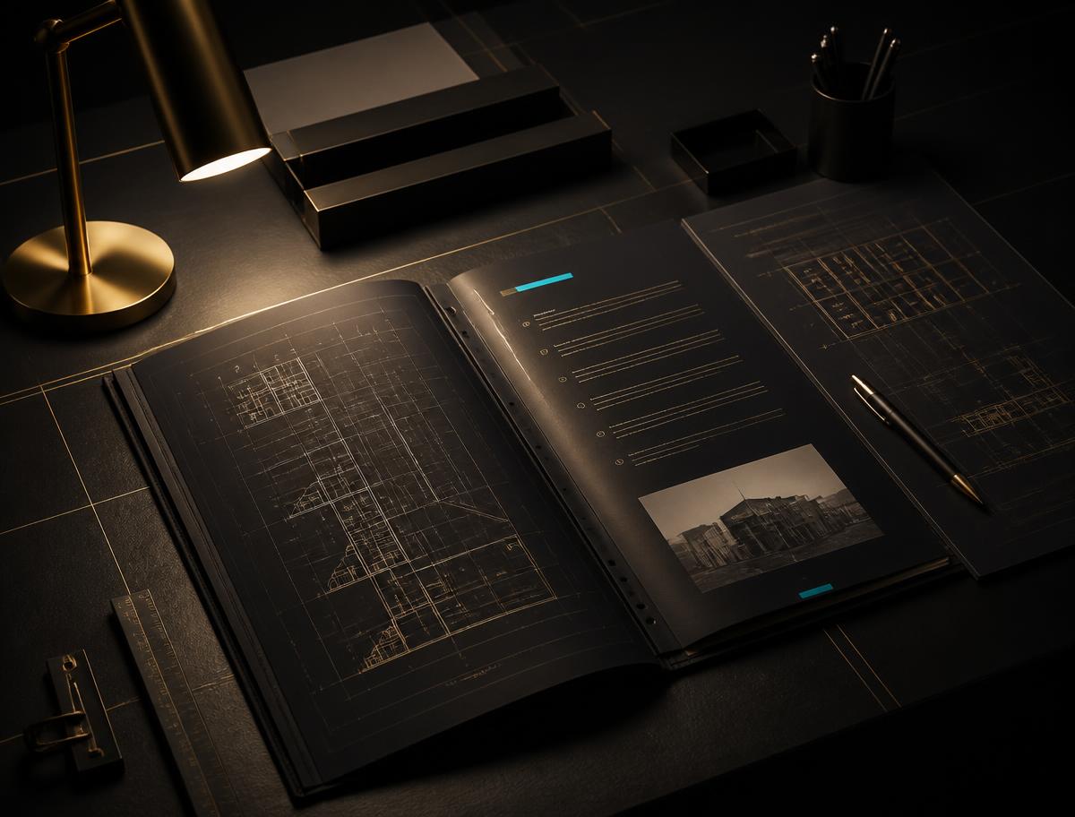 Architectural runbooks and technical drawings under a warm desk lamp