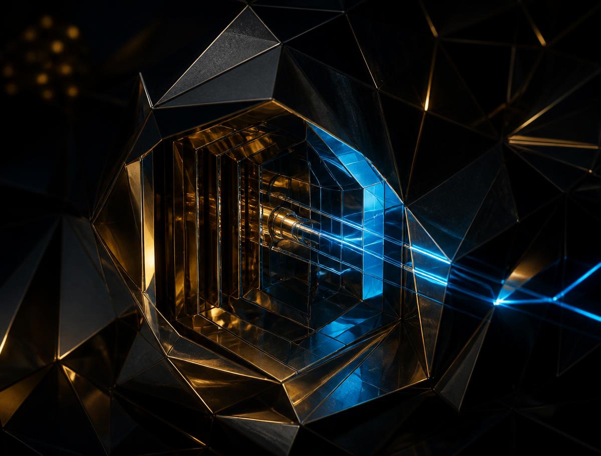 Faceted key-vault geometry with gold facets and a cyan encrypted channel