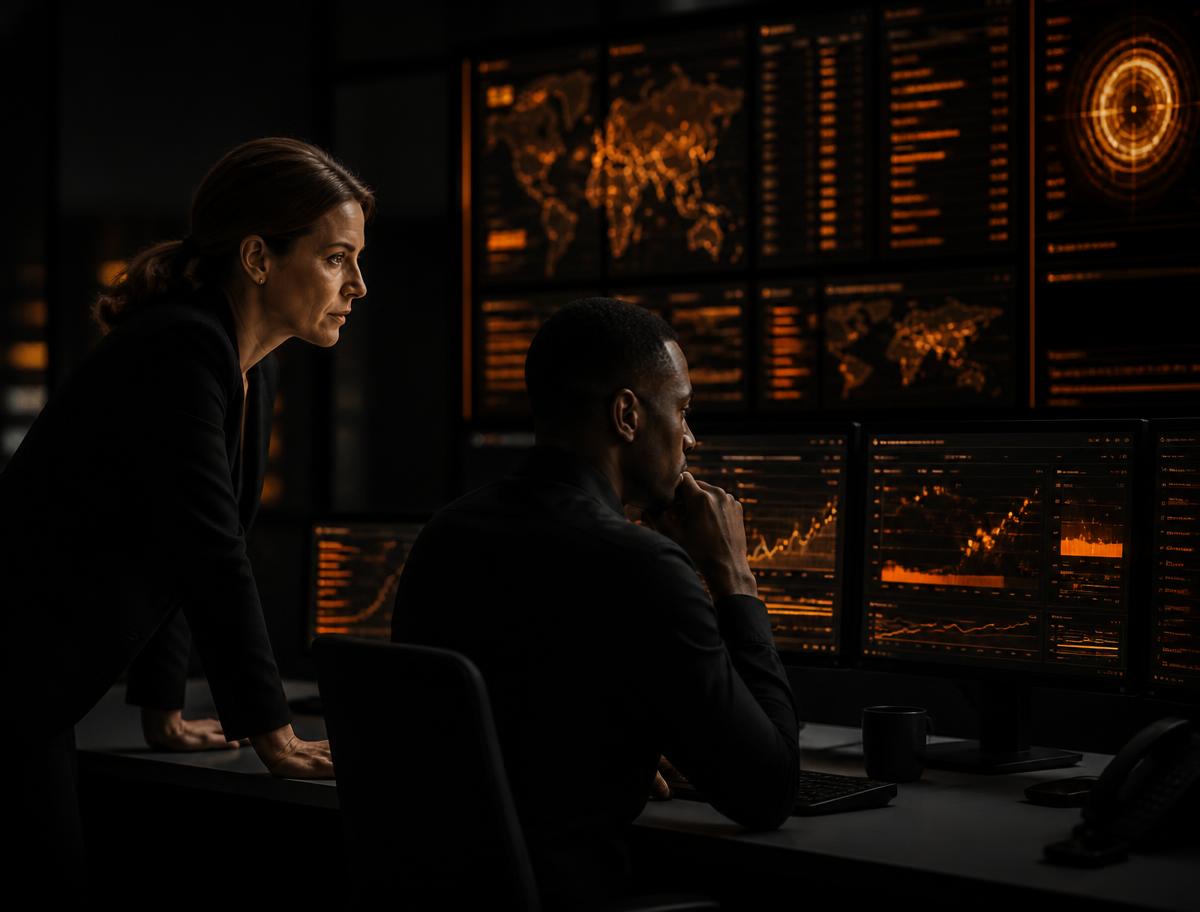 Operations leads monitoring a recovery failover dashboard in a dark ops centre