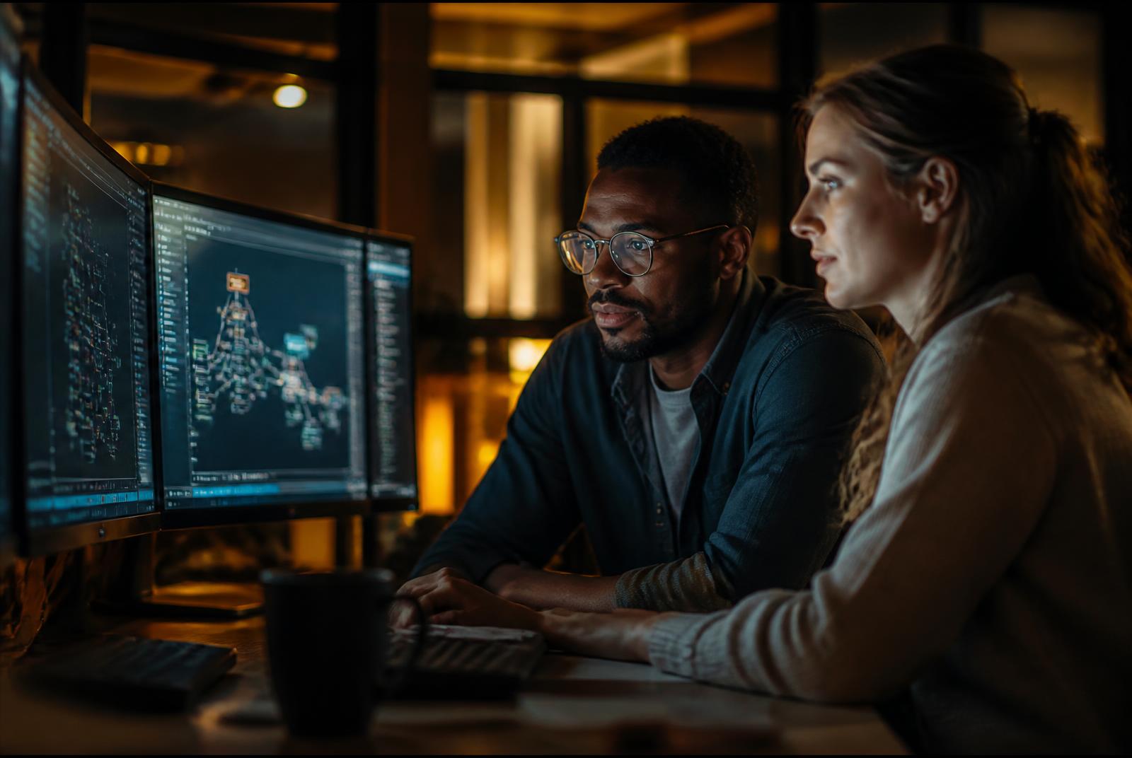 Two cloud engineers pair-working through a distributed system topology at a multi-monitor workstation