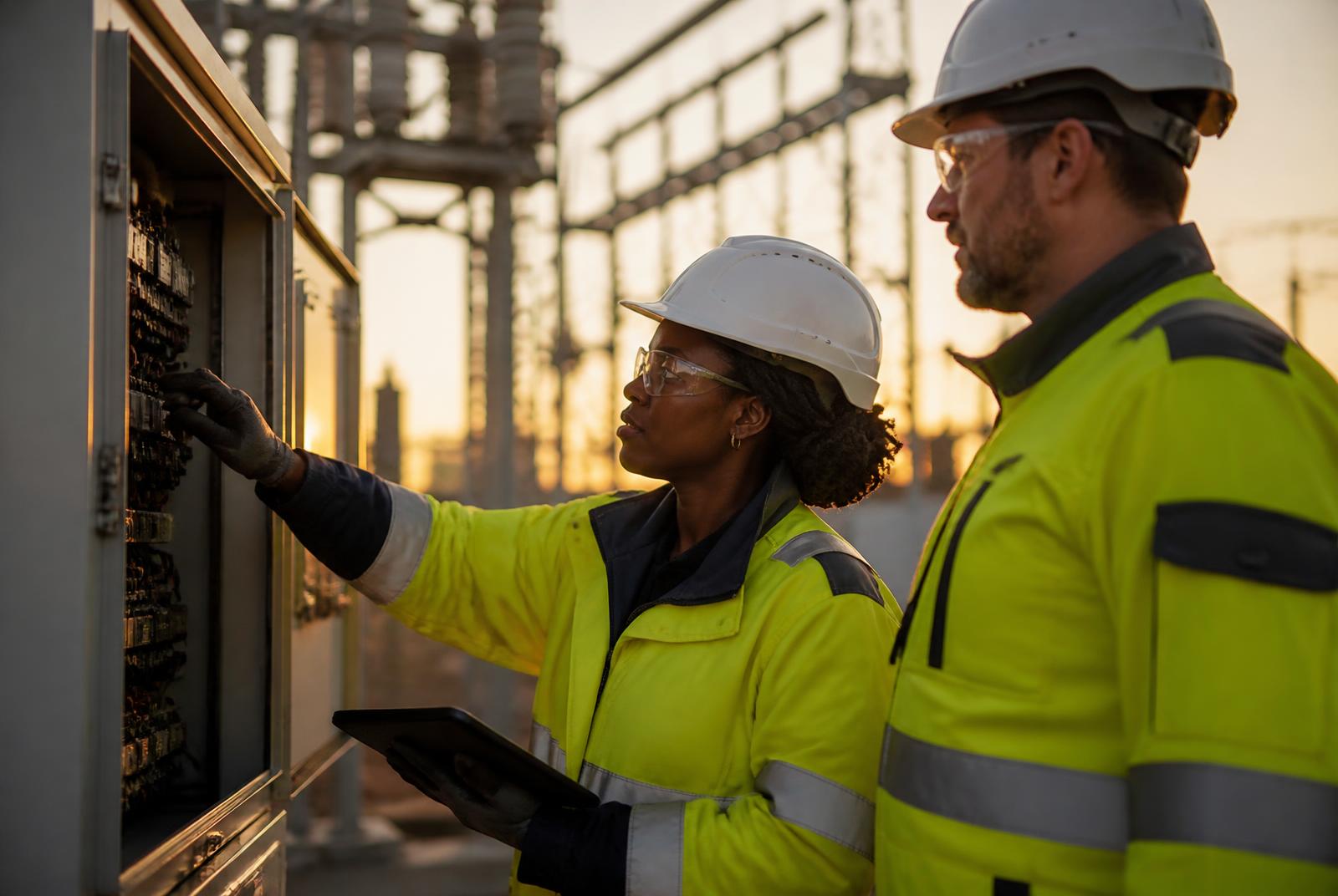 Two field engineers inspecting a substation control cabinet at golden hour