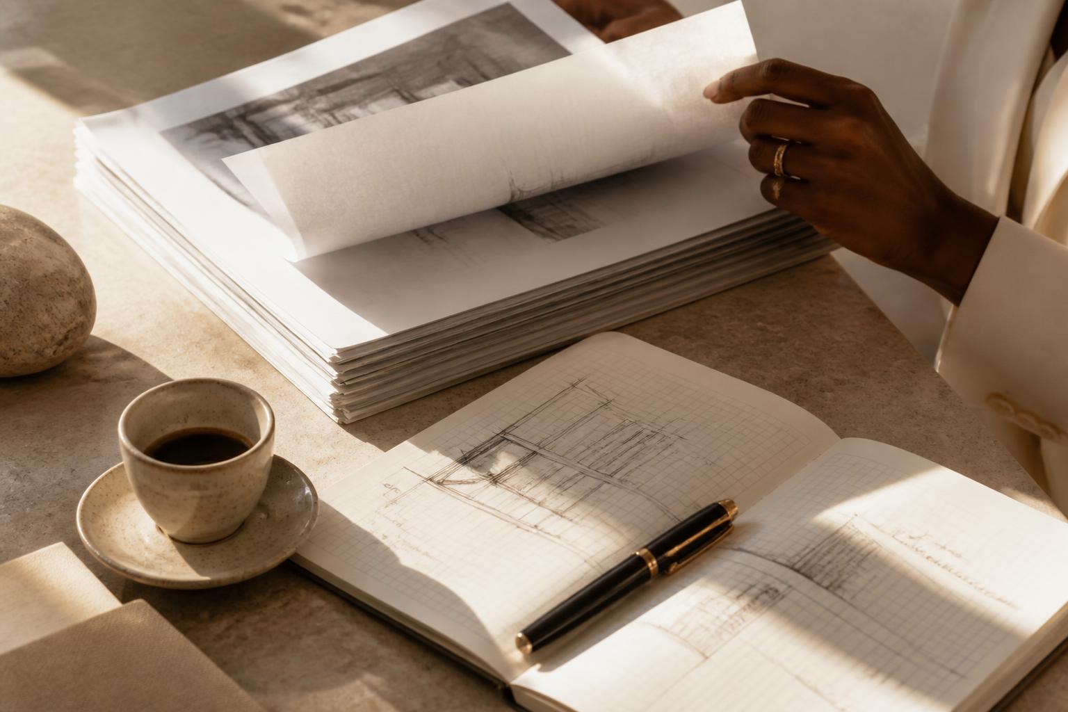 Hands turning the page of a printed technical whitepaper beside a notebook of architecture sketches in warm daylight