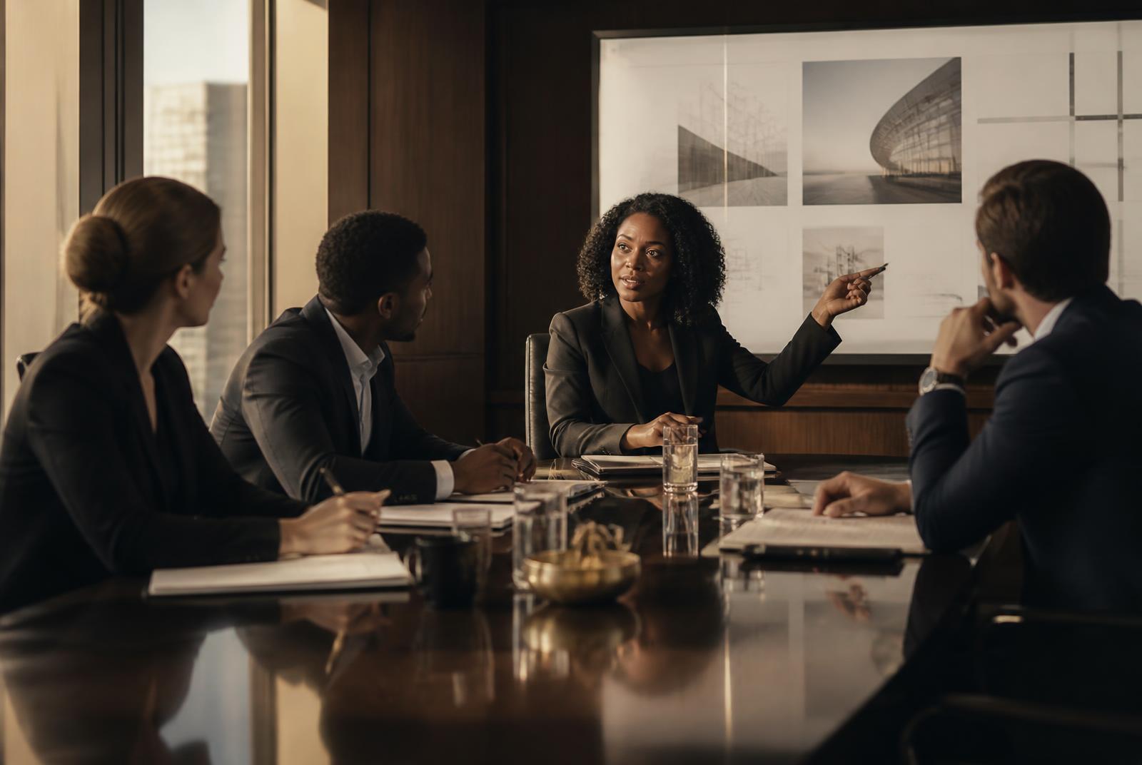 An executive strategy session in a warm-lit meeting room overlooking the city at dusk