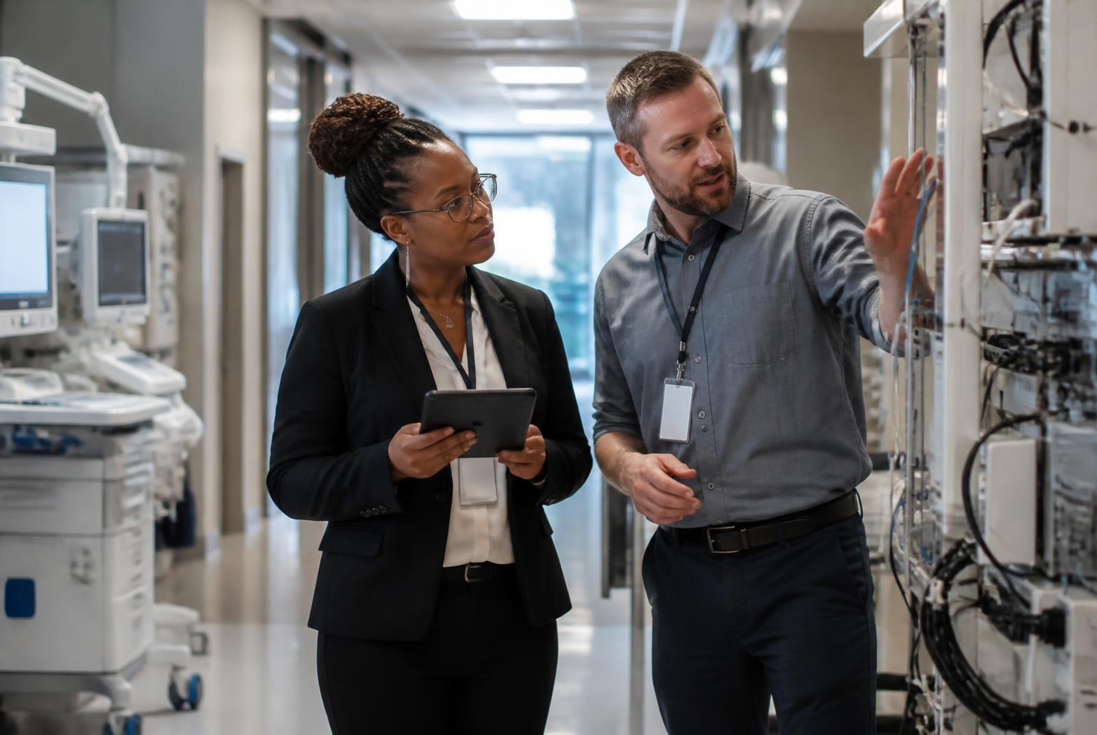 A clinical systems architect and a biomedical engineer reviewing connected medical device infrastructure in a hospital corridor