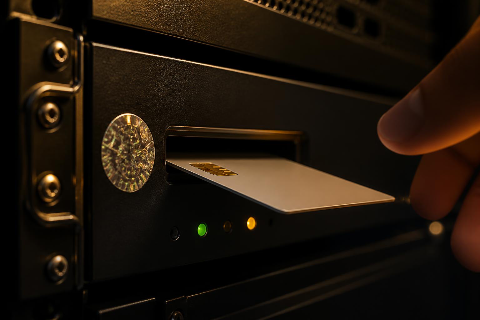 Close-up of a smart card being inserted into the reader slot of a hardware security module