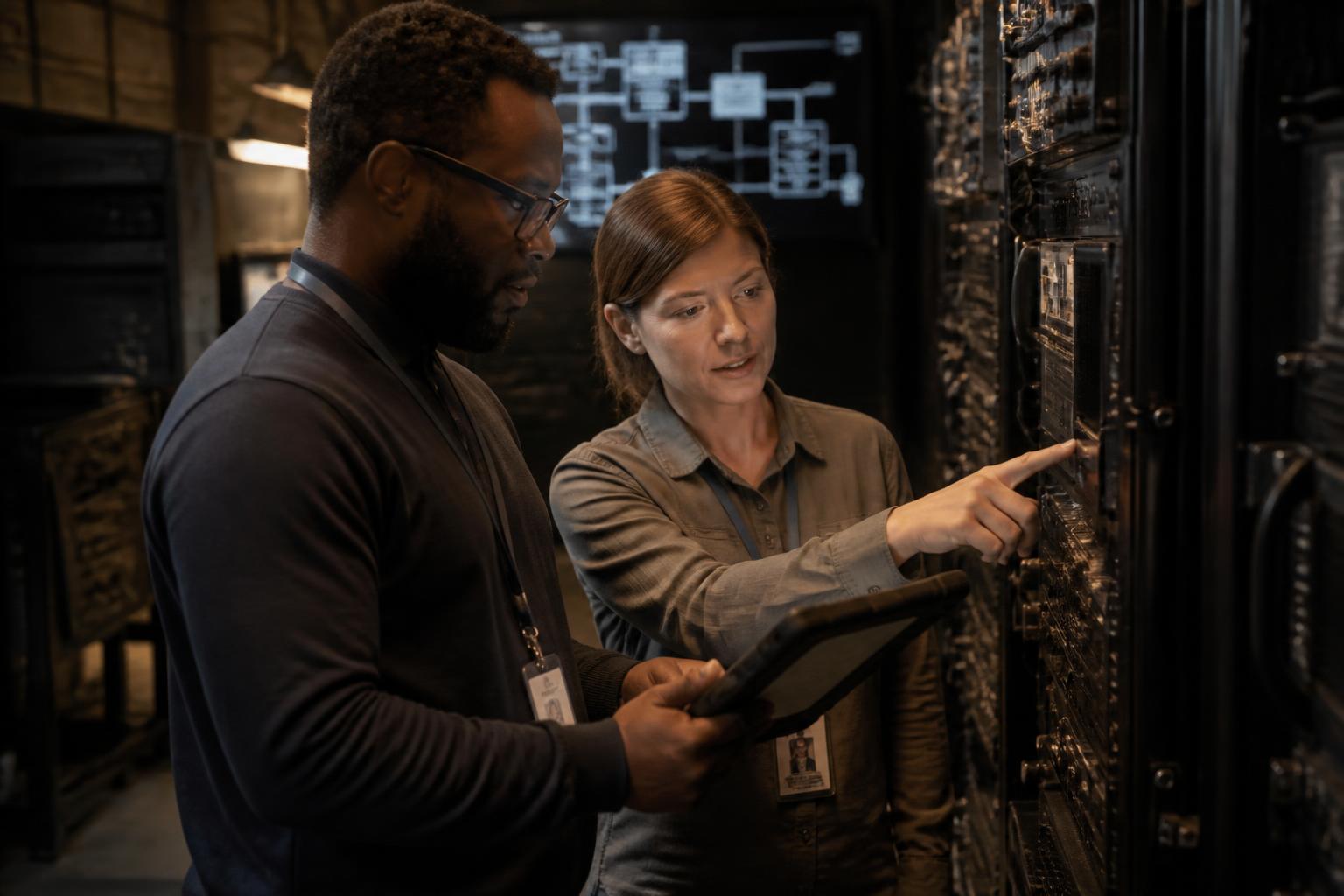 A systems architect and an engineer inspecting hardware racks in a secure defense lab