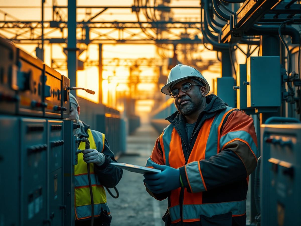 Two utility engineers inspecting grid control systems at a substation at golden hour
