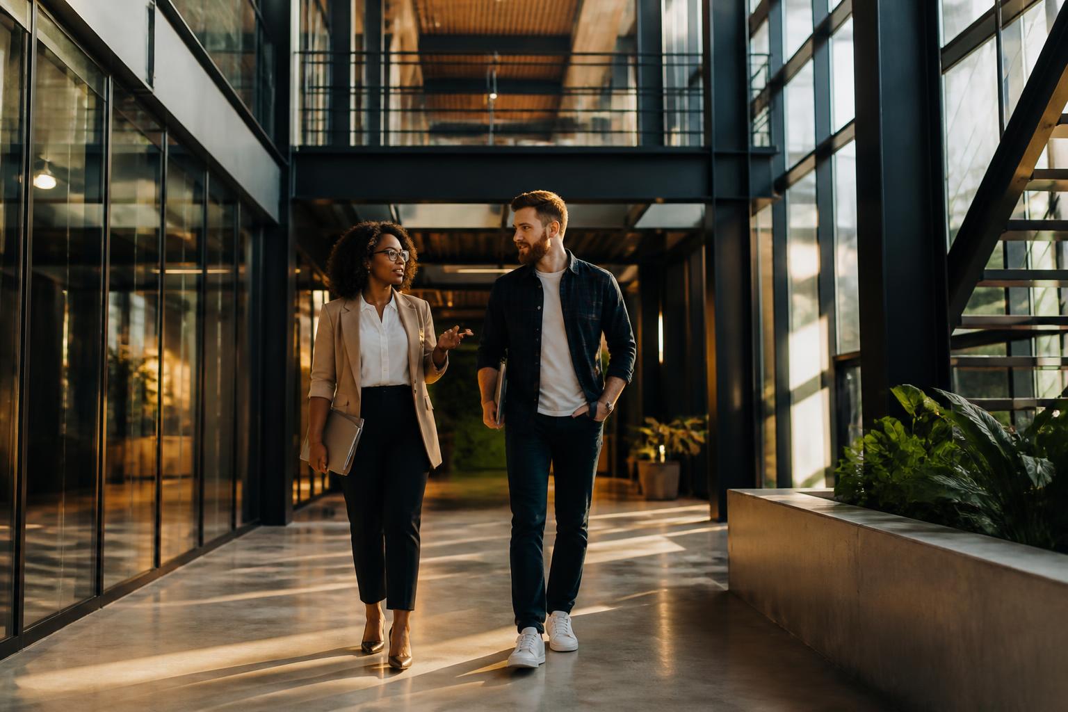An enterprise technology executive and a platform engineer talking as they walk through a glass atrium office