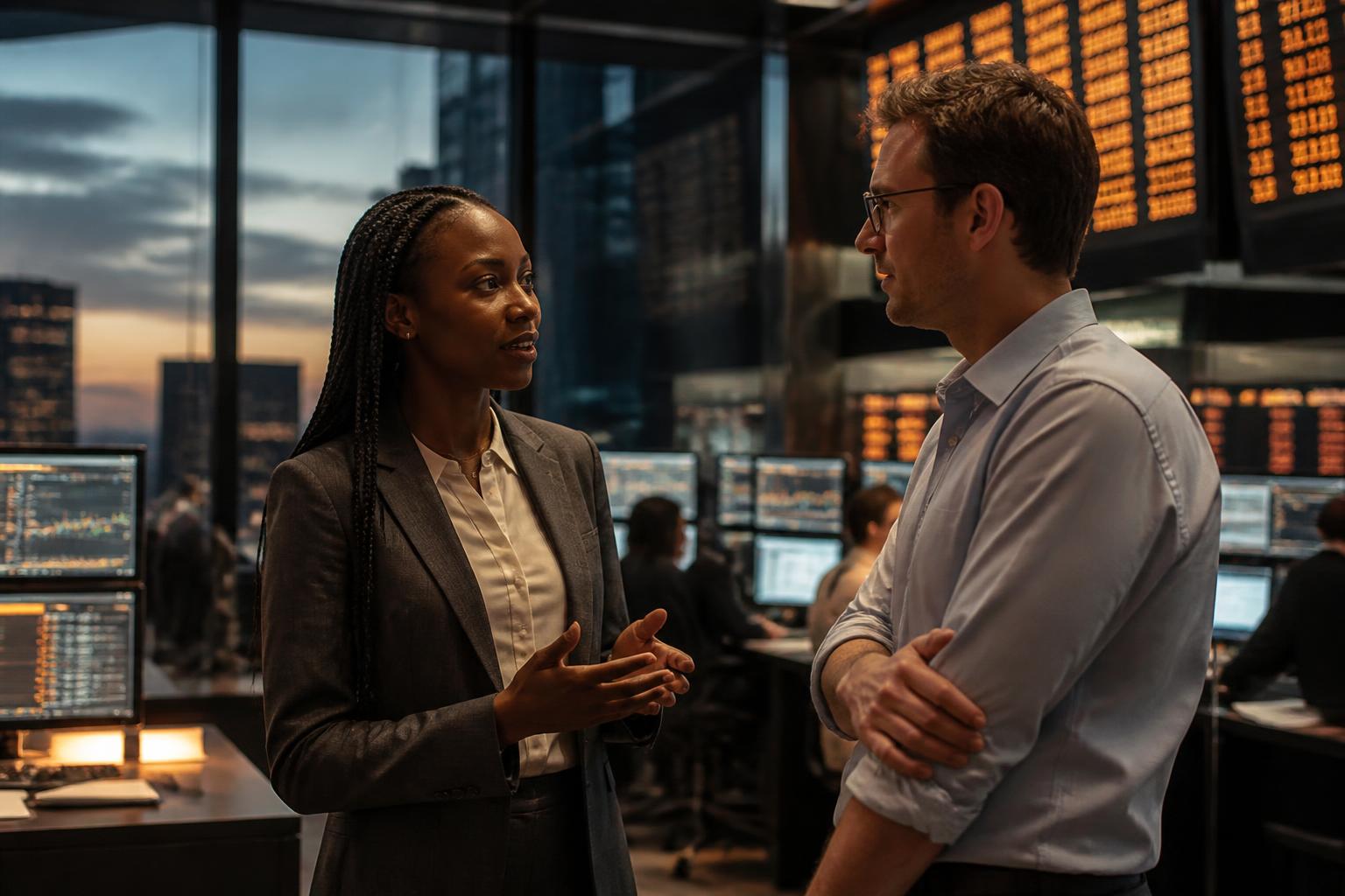 A risk executive and a quantitative engineer in conversation on a financial technology floor at dusk