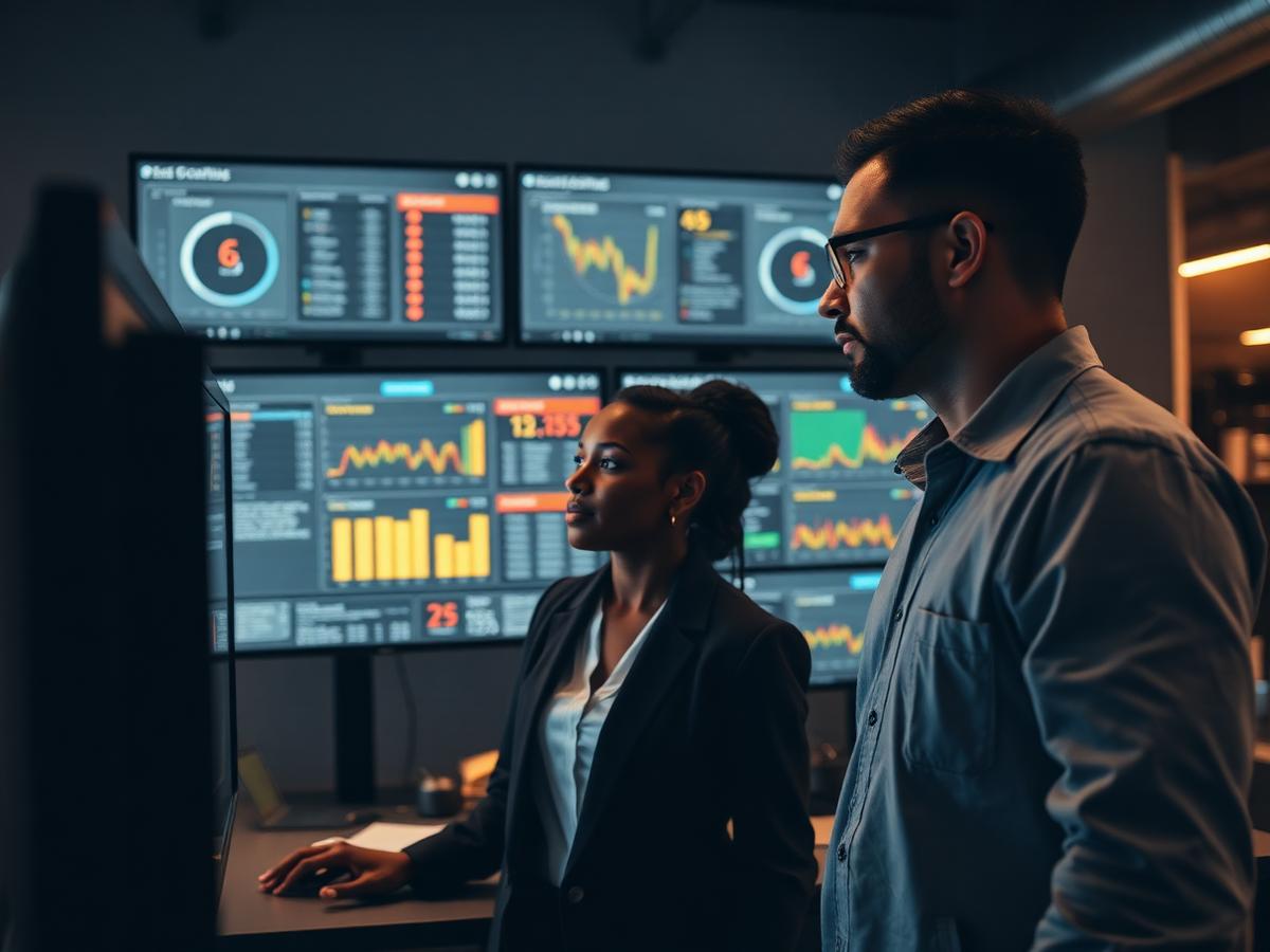 A retail technology executive and an engineer reviewing commerce transaction dashboards in an operations room