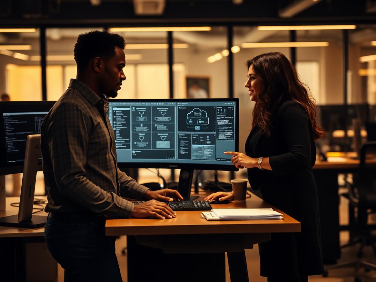 A platform engineer and a product leader reviewing cloud architecture diagrams in a SaaS office