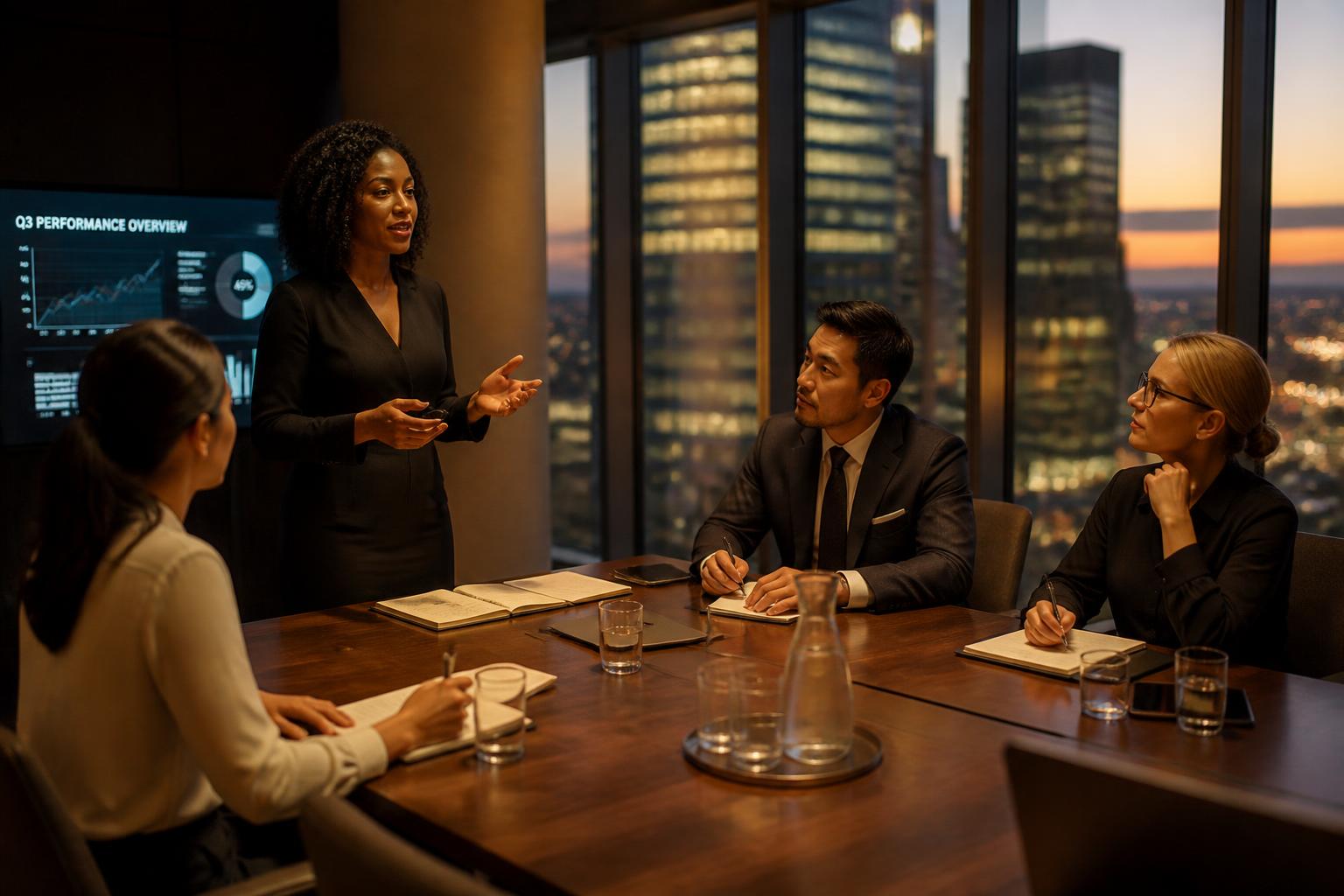 An executive strategy session in a warm-lit meeting room overlooking the city at dusk