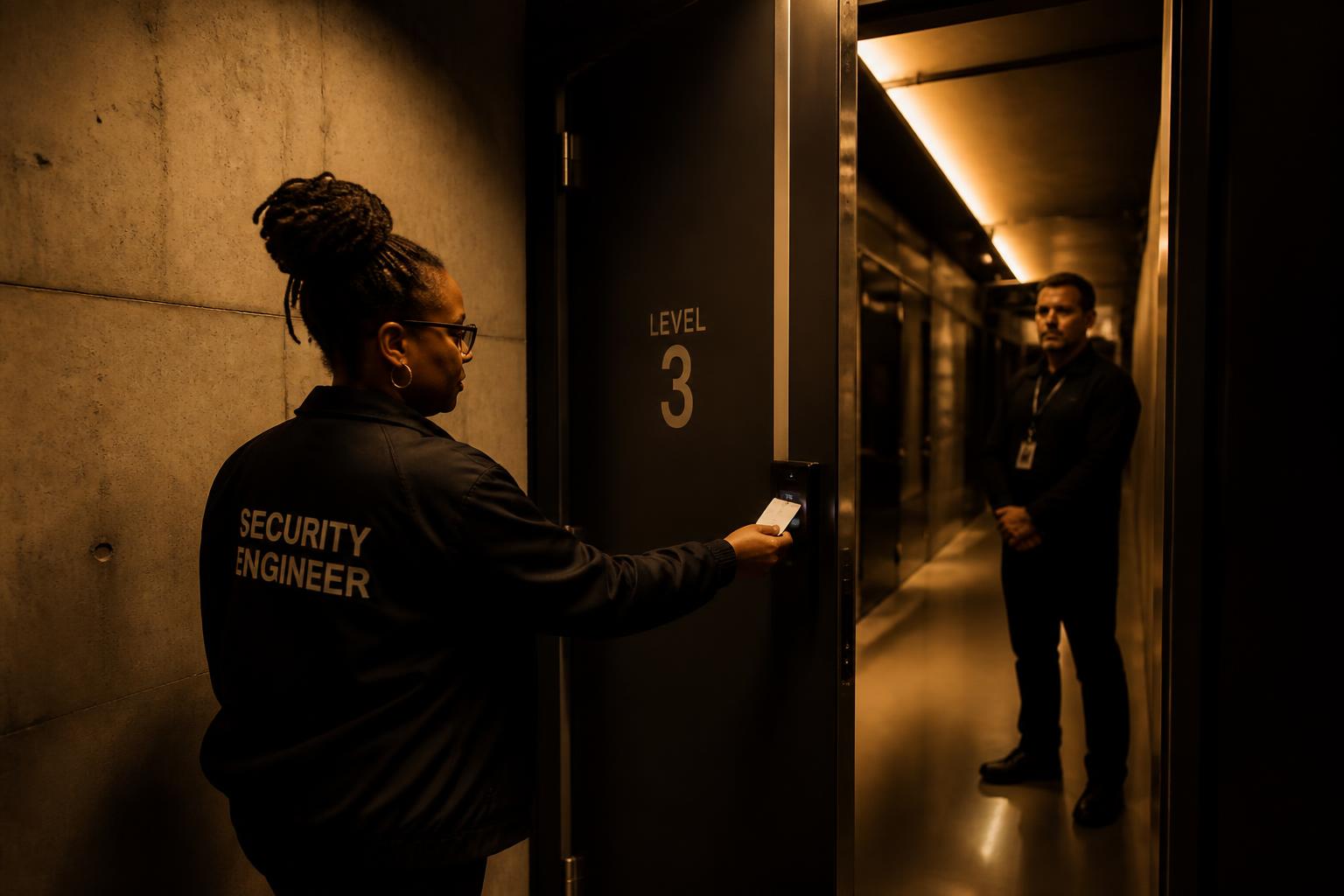 A security engineer badging through a controlled-access door in a warm-lit secure facility corridor