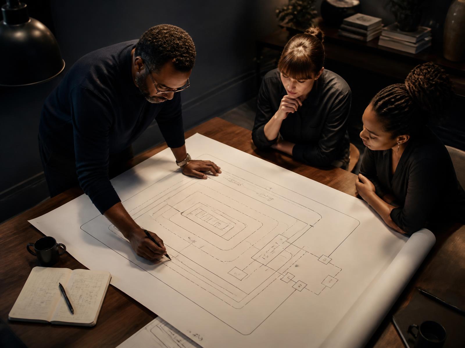 Security engineers reviewing a trust architecture diagram across large wall displays