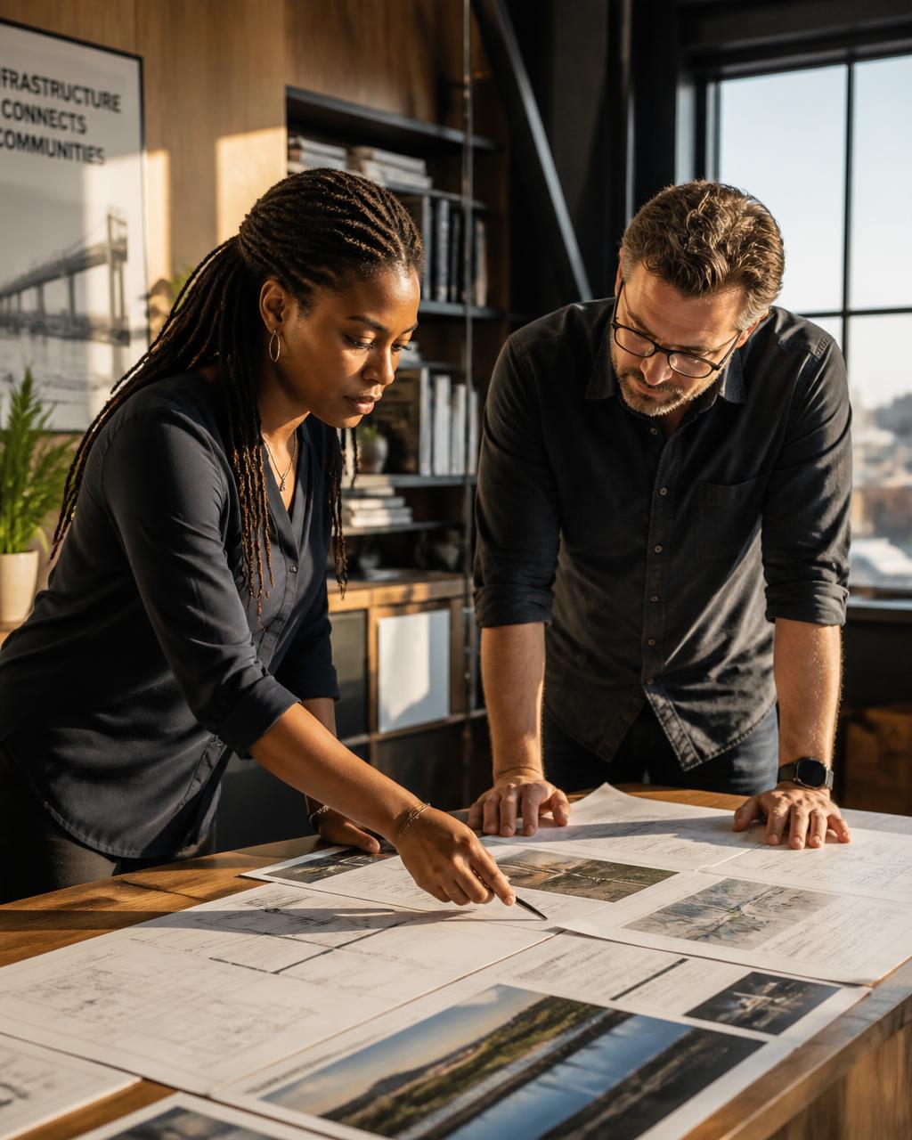 Two engineers reviewing printed infrastructure diagrams together at a sunlit worktable
