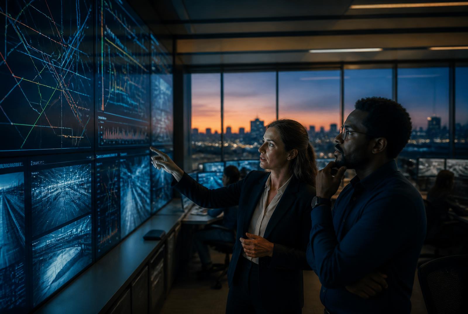 An operations lead and a systems engineer monitoring transit network telemetry in a command center at dusk